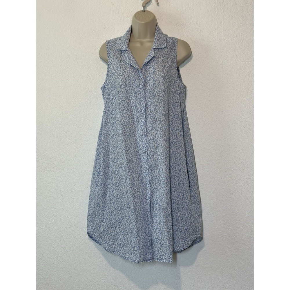 Joie Blue Cotton DitzFloral Sleeveless Shirt Dress Shift Pockets Size M Cottage